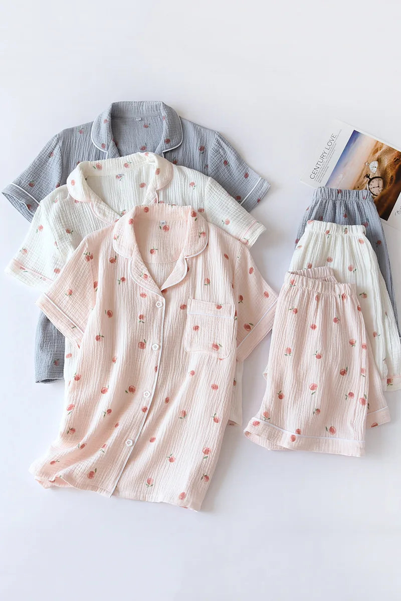 2025 Summer Ladies Short-sleeved Shorts Pajamas Set 100% Cotton Crepe Cloth Thin Home Service Two-piece Spring And Autumn Loose