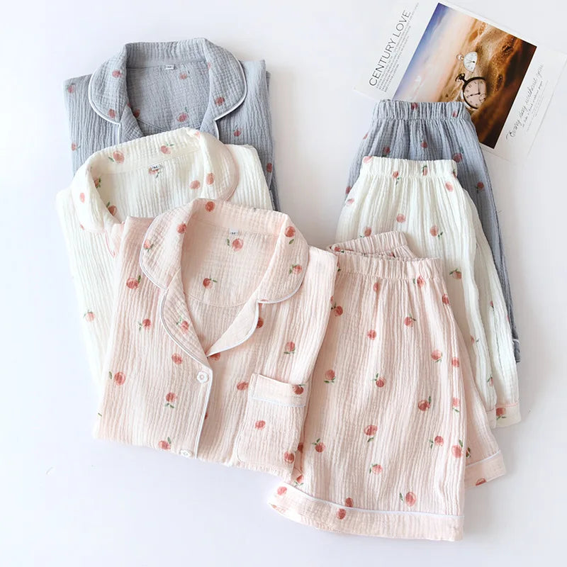 2025 Summer Ladies Short-sleeved Shorts Pajamas Set 100% Cotton Crepe Cloth Thin Home Service Two-piece Spring And Autumn Loose