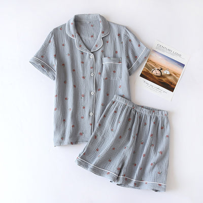 2025 Summer Ladies Short-sleeved Shorts Pajamas Set 100% Cotton Crepe Cloth Thin Home Service Two-piece Spring And Autumn Loose