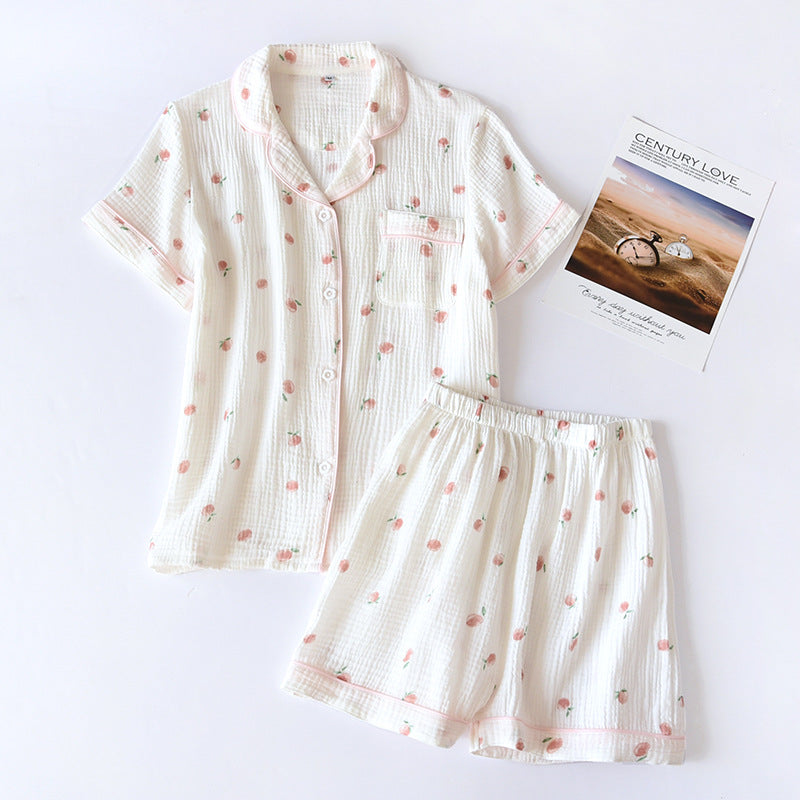 2025 Summer Ladies Short-sleeved Shorts Pajamas Set 100% Cotton Crepe Cloth Thin Home Service Two-piece Spring And Autumn Loose