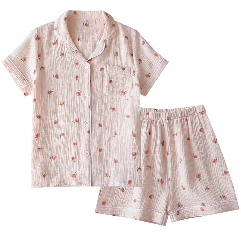 2025 Summer Ladies Short-sleeved Shorts Pajamas Set 100% Cotton Crepe Cloth Thin Home Service Two-piece Spring And Autumn Loose