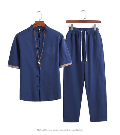 Mens Linen Sets 2023 Summer Men Streetwear Jogger Shirts