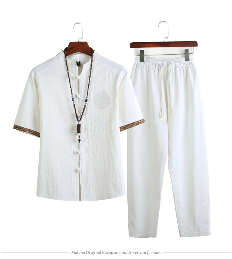 Mens Linen Sets 2023 Summer Men Streetwear Jogger Shirts