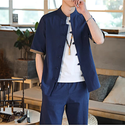 Mens Linen Sets 2023 Summer Men Streetwear Jogger Shirts
