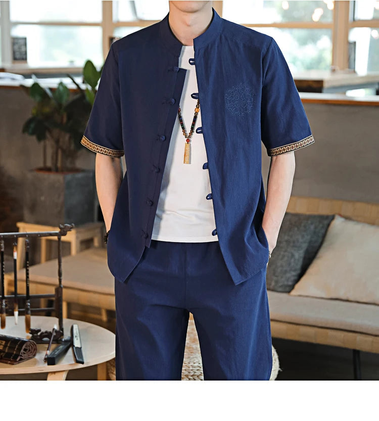 Mens Linen Sets 2023 Summer Men Streetwear Jogger Shirts