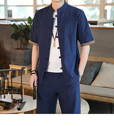 Mens Linen Sets 2023 Summer Men Streetwear Jogger Shirts