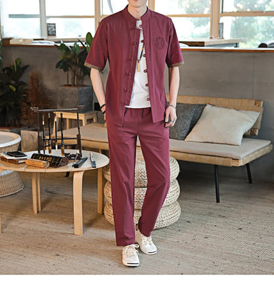 Mens Linen Sets 2023 Summer Men Streetwear Jogger Shirts