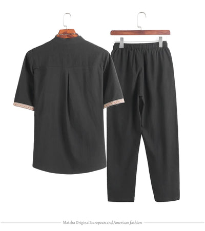 Mens Linen Sets 2023 Summer Men Streetwear Jogger Shirts