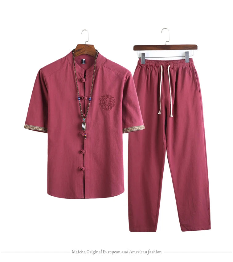 Mens Linen Sets 2023 Summer Men Streetwear Jogger Shirts