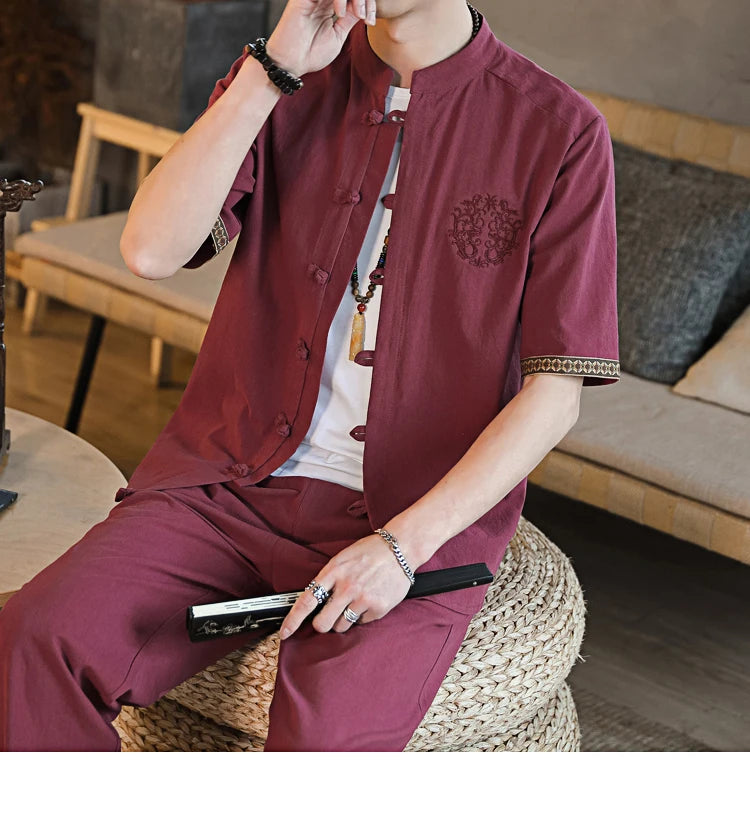 Mens Linen Sets 2023 Summer Men Streetwear Jogger Shirts