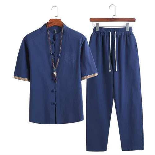 Mens Linen Sets 2023 Summer Men Streetwear Jogger Shirts