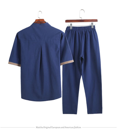 Mens Linen Sets 2023 Summer Men Streetwear Jogger Shirts