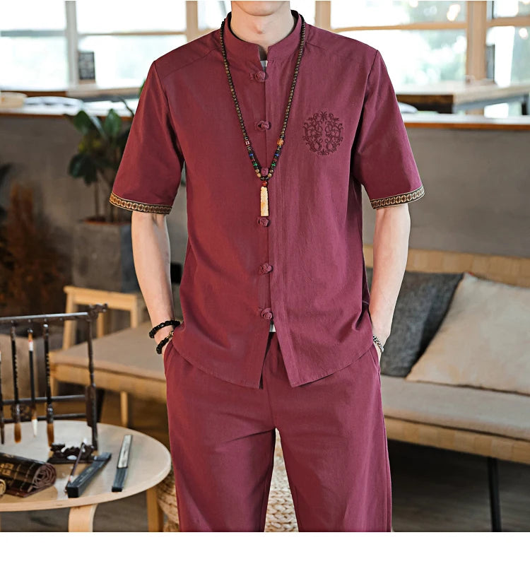 Mens Linen Sets 2023 Summer Men Streetwear Jogger Shirts