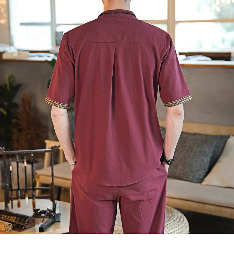 Mens Linen Sets 2023 Summer Men Streetwear Jogger Shirts