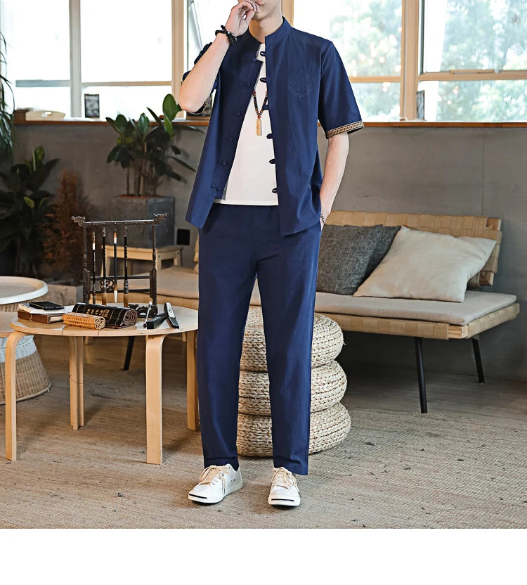 Mens Linen Sets 2023 Summer Men Streetwear Jogger Shirts