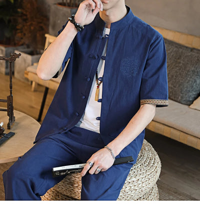 Mens Linen Sets 2023 Summer Men Streetwear Jogger Shirts