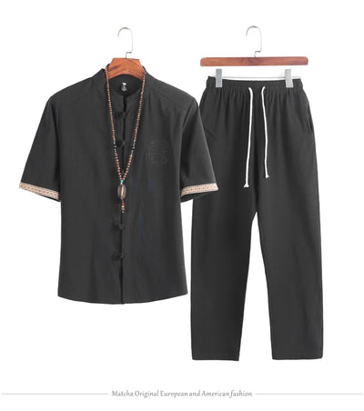 Mens Linen Sets 2023 Summer Men Streetwear Jogger Shirts