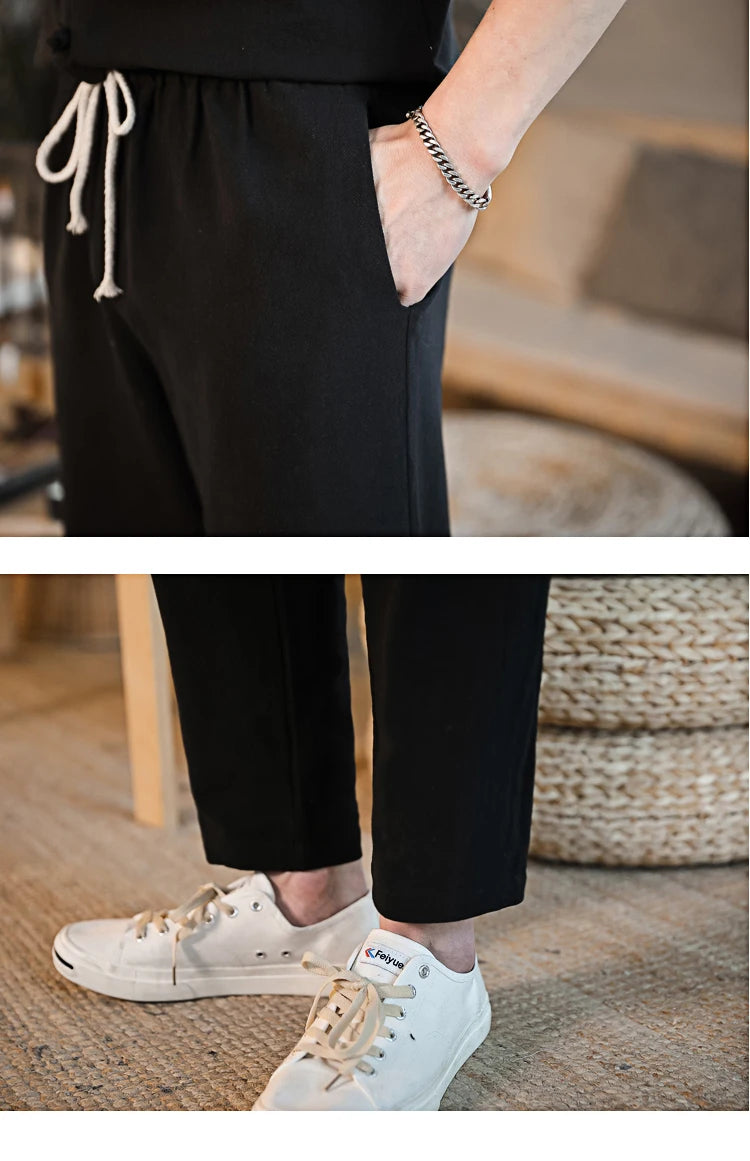 Mens Linen Sets 2023 Summer Men Streetwear Jogger Shirts