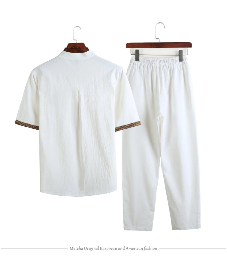 Mens Linen Sets 2023 Summer Men Streetwear Jogger Shirts