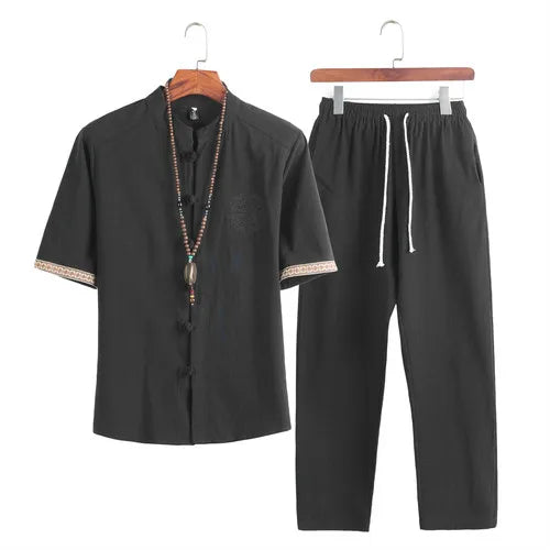 Mens Linen Sets 2023 Summer Men Streetwear Jogger Shirts