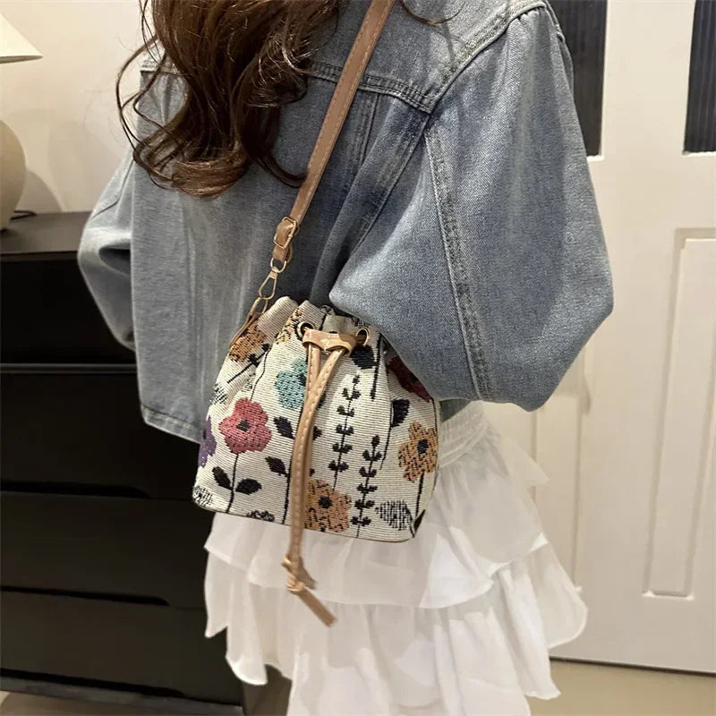 Fashion Linen Fabric Bucket Bag Floral Crossbody Bag