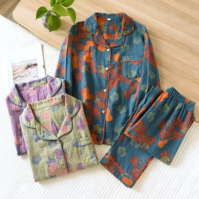 Japanese Spring and Autumn New Women's Pajama Set 100% Cotton Vintage Long Sleeved Pants Two Piece Set for Home Furnishings