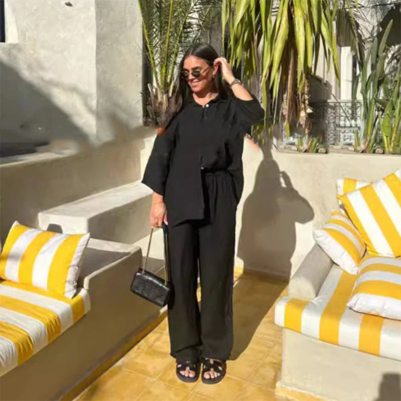 Cotton Linen Oversize Two Piece Ladies Set Casual Lapel Female Shirt Suits Wide Leg Pant Spring New In Matching Women Outfits