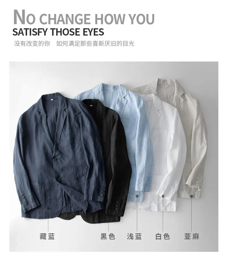 2025 Summer New Men's Linen Casual Suit Top Solid Color Lightweight Breathable Luxury Cotton Hemp Top 100% Linen Fabric