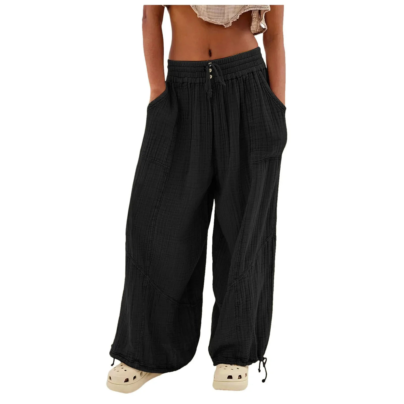 Beach Linen Pants Women Wide Leg Harem Pant High Waist Button Drawstring Palazzo Loose plus Size Pant with Pocket