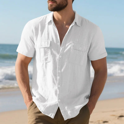 Men's Cotton Linen Short-Sleeved Shirt Summer Solid Color
