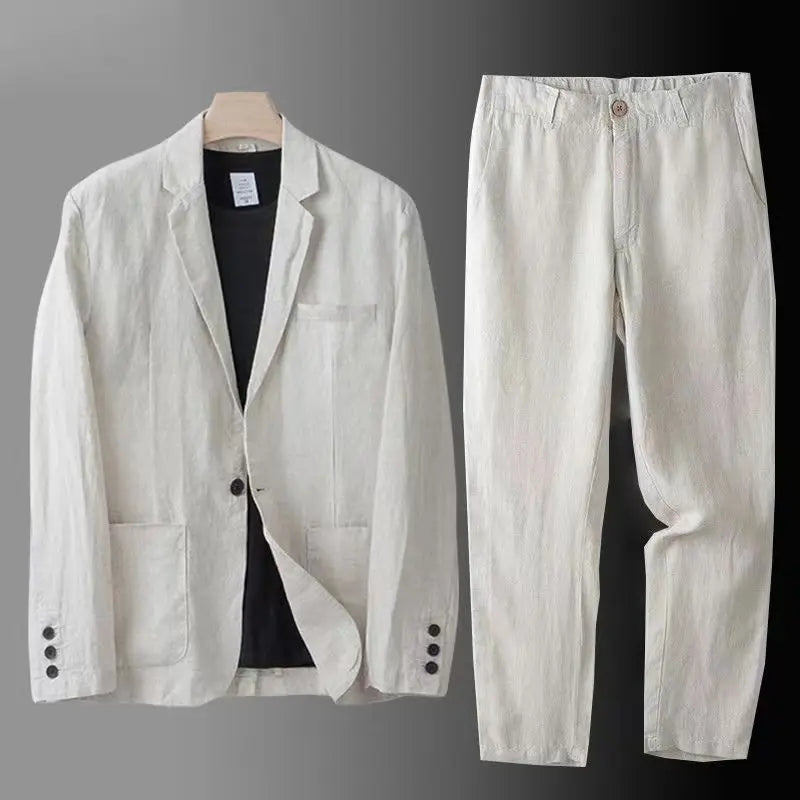Spring Autumn Fashion Men Linen Two-piece Set Blazer Jacket