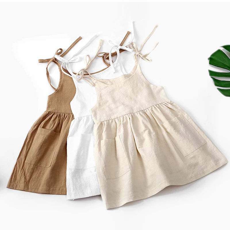 Kids Girls Summer Cotton Princess Dress Linen Suspenders