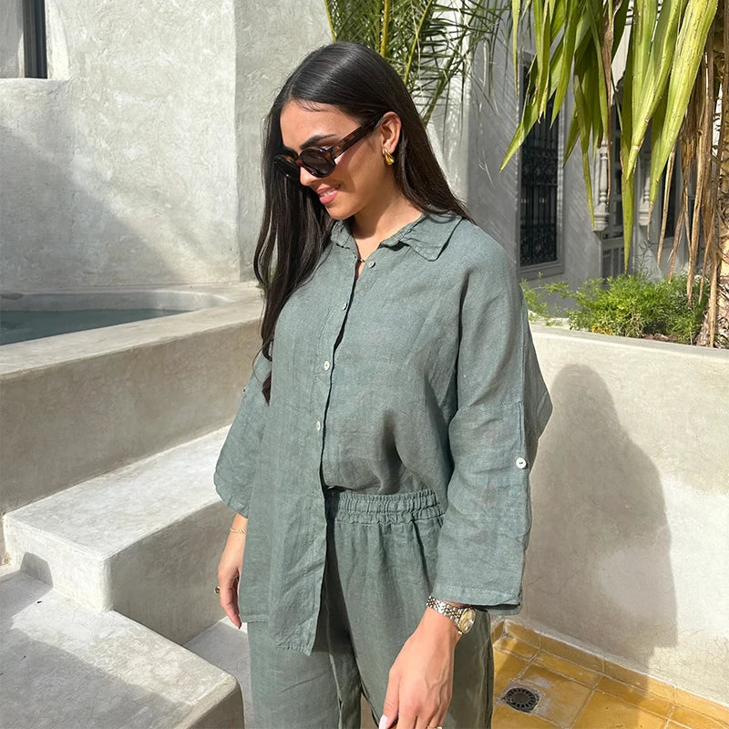 Cotton Linen Oversize Two Piece Ladies Set Casual Lapel Female Shirt Suits Wide Leg Pant Spring New In Matching Women Outfits