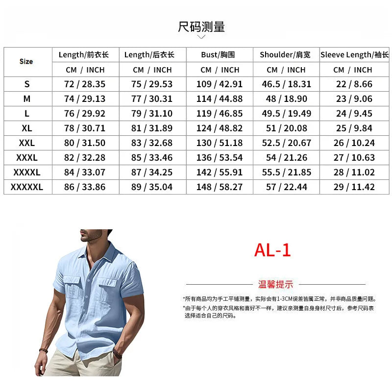 Men's Cotton Linen Short-Sleeved Shirt Summer Solid Color