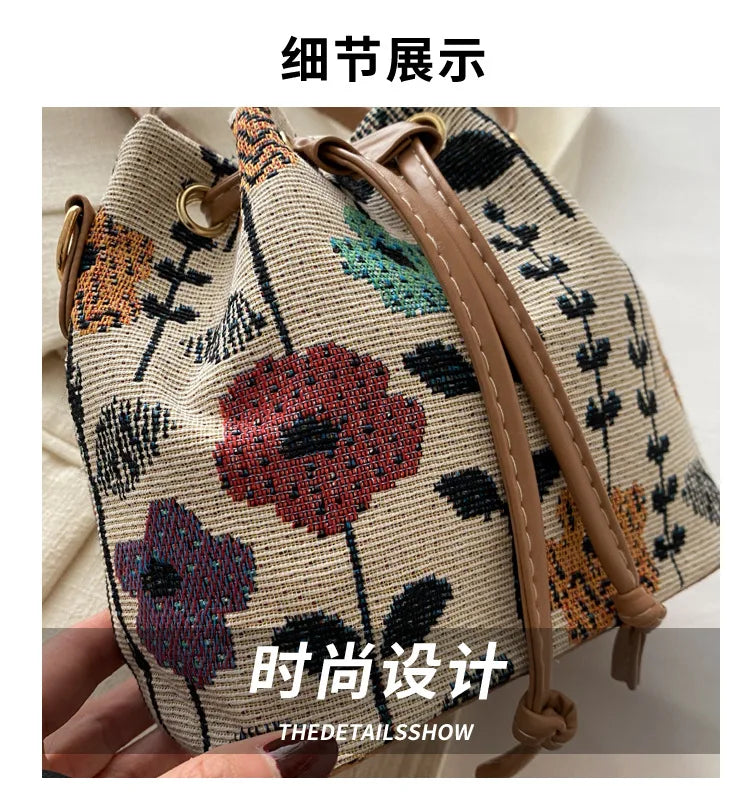 Fashion Linen Fabric Bucket Bag Floral Crossbody Bag