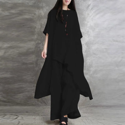 Women Cotton Linen Pant Sets 2 Pieces Casual Half Sleeve Solid Loose Blouse&High Elastic Waist Wide Leg Full Trousers Suits