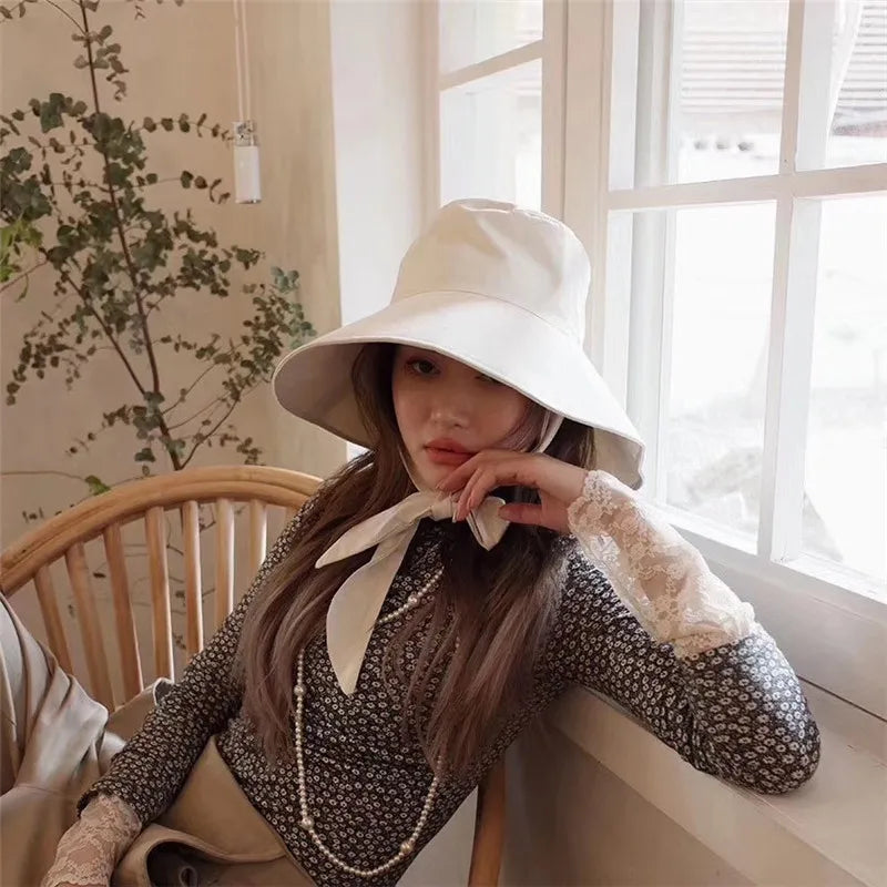 Summer Spring Japan Tie Bucket Hat Women Korean Big Brim