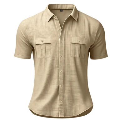 Men's Cotton Linen Short-Sleeved Shirt Summer Solid Color