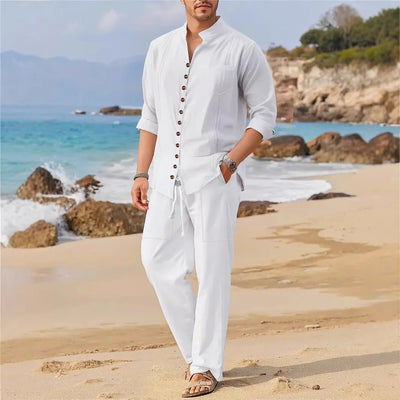 Men's Retro Cotton And Linen Set Long Pants