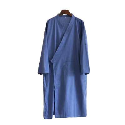 Men's blue cotton-linen robe with turn-down collar and front pockets for home and bath lounge wear