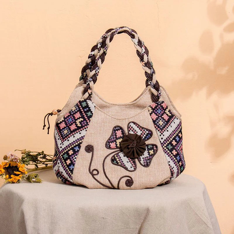 Vintage Linen Handbag for Women National Style Handle Bag