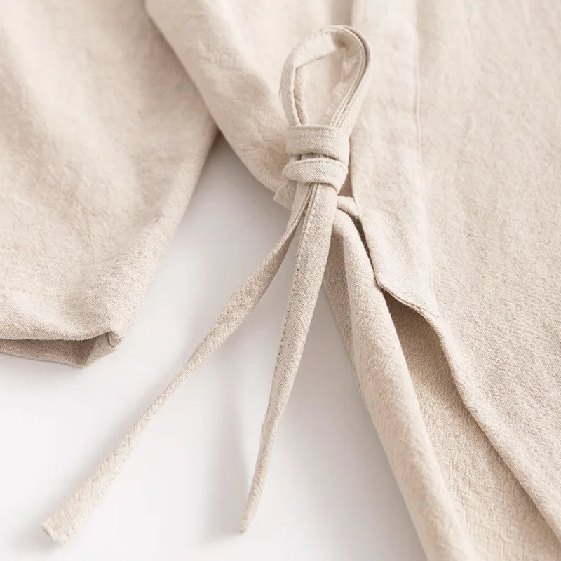 Women's Kimono with Sashes Cotton Linen Solid Long Sleeve Autumn Bathrobe V Neck Japanese Style Bathrobe Loose Solid Color