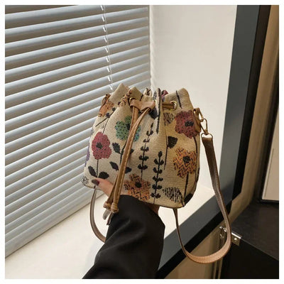 Fashion Linen Fabric Bucket Bag Floral Crossbody Bag