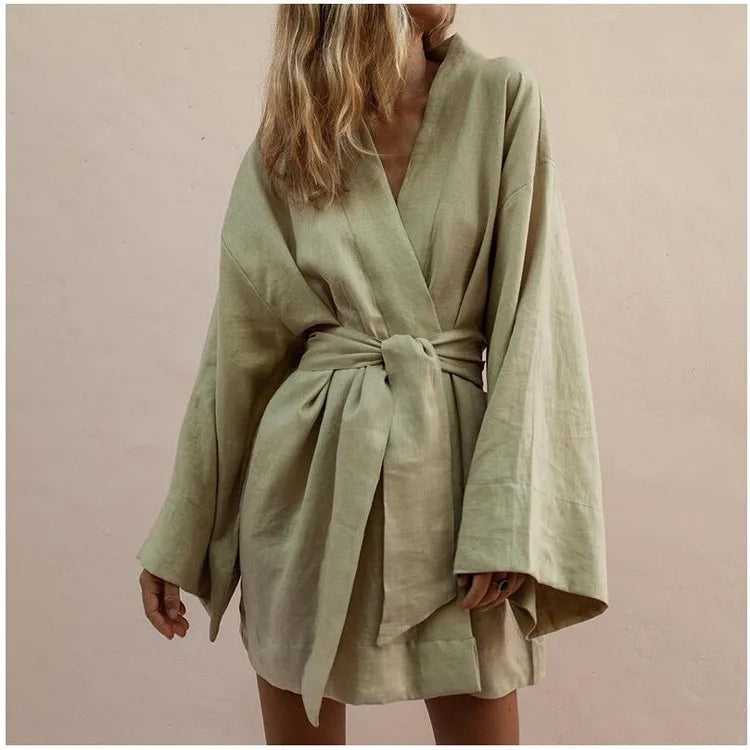long cotton kimono robes for women Cardigan Mini Dress Cotton Linen Long Sleeve Sashes Dresse Robe Style Summer Loose