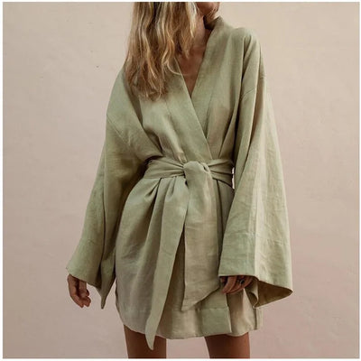 long cotton kimono robes for women Cardigan Mini Dress Cotton Linen Long Sleeve Sashes Dresse Robe Style Summer Loose