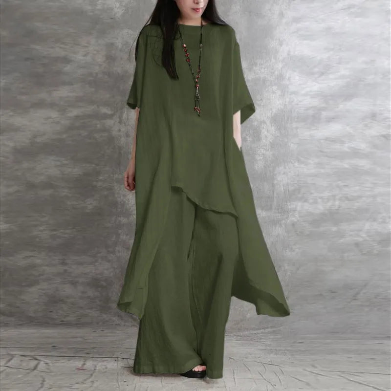 Women Cotton Linen Pant Sets 2 Pieces Casual Half Sleeve Solid Loose Blouse&High Elastic Waist Wide Leg Full Trousers Suits
