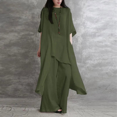 Women Cotton Linen Pant Sets 2 Pieces Casual Half Sleeve Solid Loose Blouse&High Elastic Waist Wide Leg Full Trousers Suits