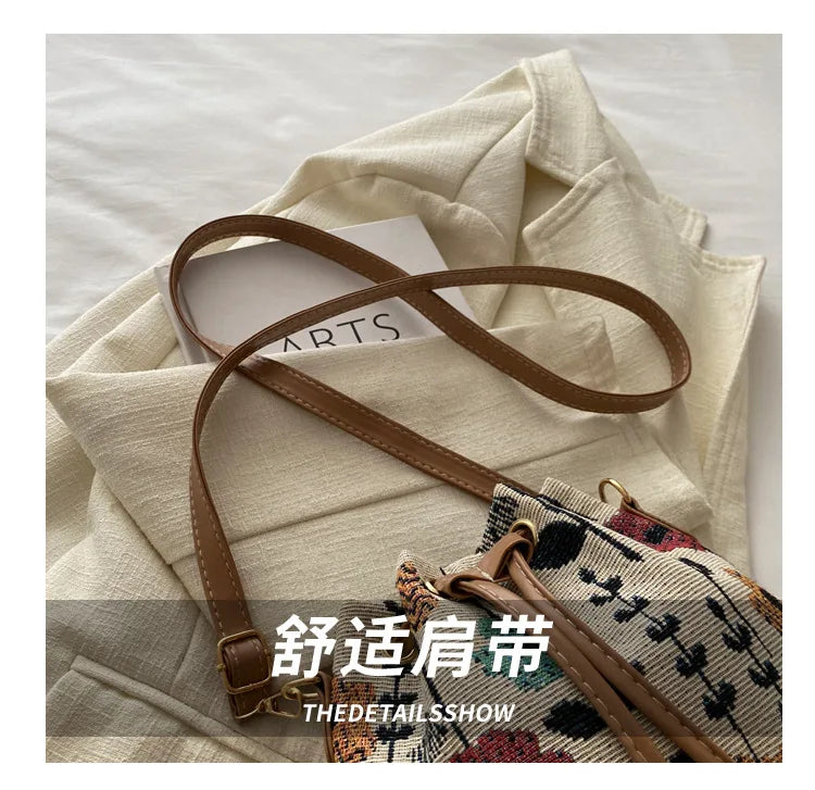 Fashion Linen Fabric Bucket Bag Floral Crossbody Bag