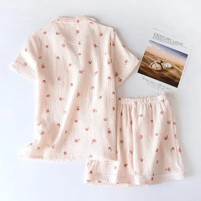 2025 Summer Ladies Short-sleeved Shorts Pajamas Set 100% Cotton Crepe Cloth Thin Home Service Two-piece Spring And Autumn Loose