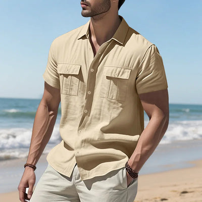 Men's Cotton Linen Short-Sleeved Shirt Summer Solid Color